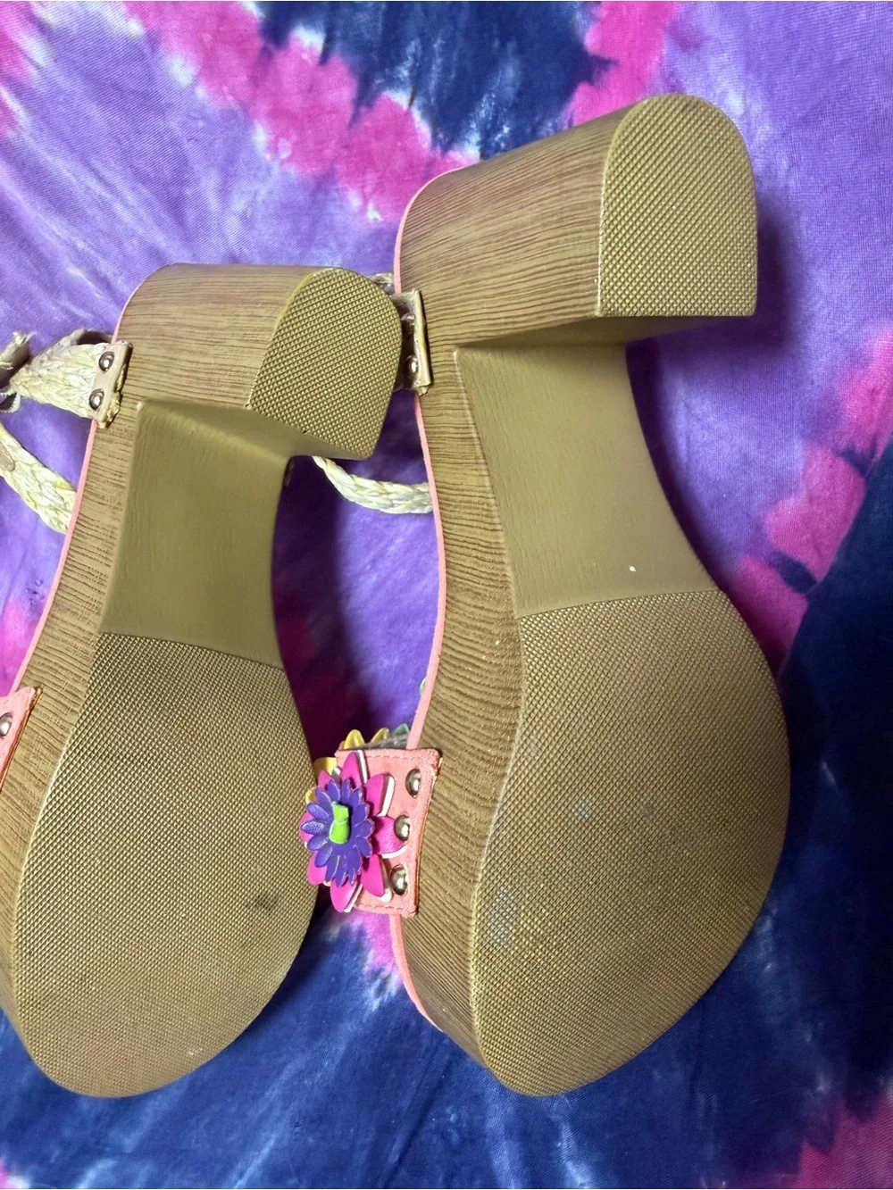 Betsey Johnson Coral Pink Floral Platform Sandals with Braided Ankle Strap